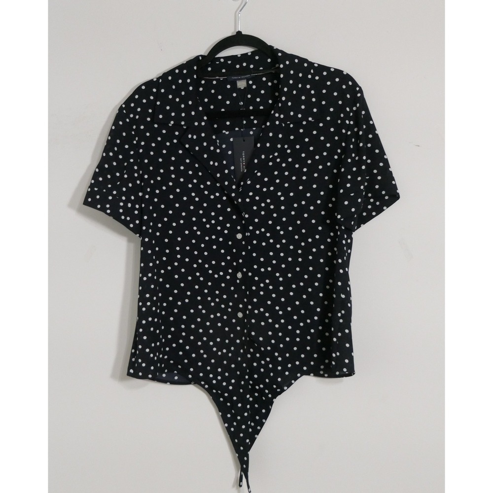 NEW Tommy Hilfiger Womens Blouse S Navy Polka Dot Tie Front Preppy Retro Pinup